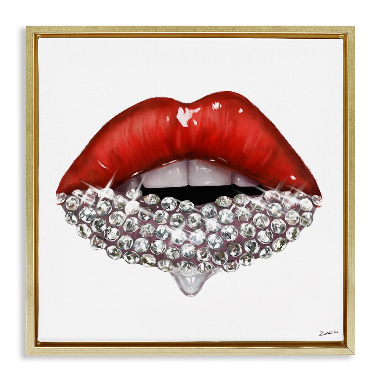 Stupell Industries Red Glam Lips with Gemstones Framed Floater Canvas Wall Art